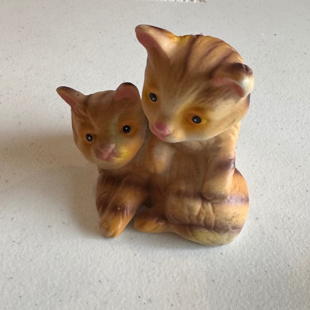 Vintage Cottagecore Cat Figurine Orange Tabby Kittens Ceramic Decor Grandma